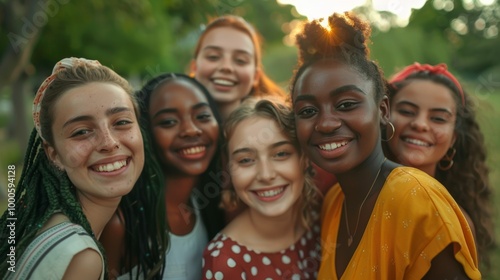 A group of young women from various races, all smiling and standing closely together