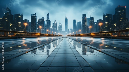A city skyline with a bridge in the middle