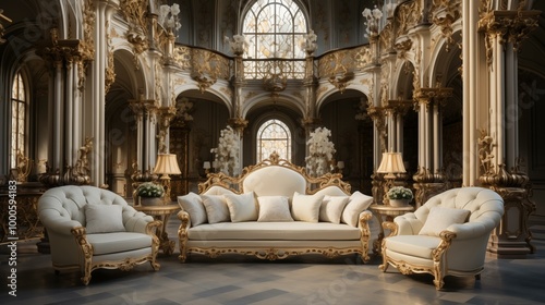A large room with a white couch, two chairs, and a table