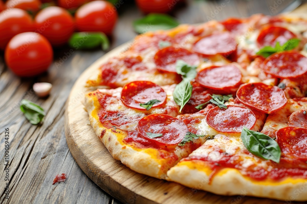 Italian food - pizza with salami and tomatoes on board, vertical, close-up - generative ai Italian food - pizza with salami and tomatoes on board, vertical, close-up - generative ai