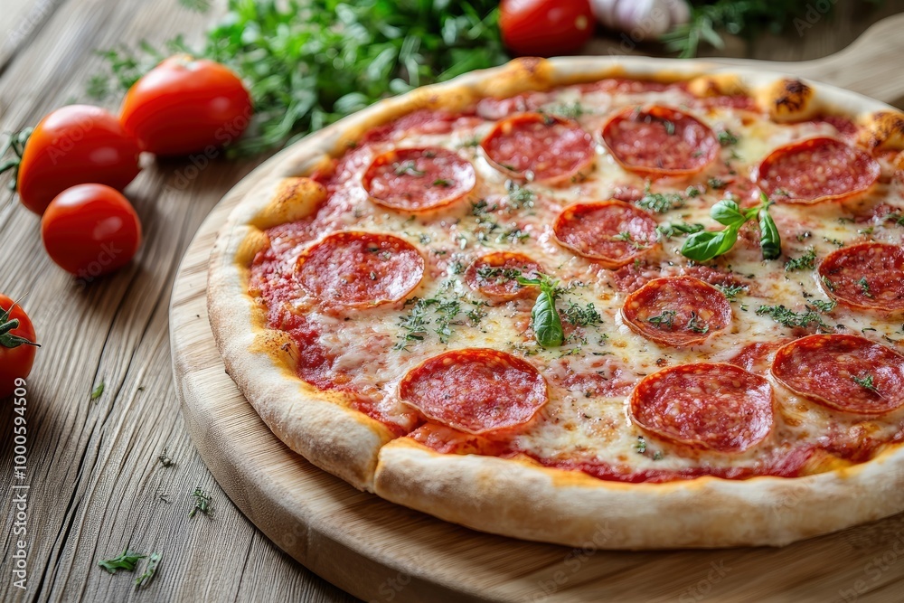 Italian food - pizza with salami and tomatoes on board, vertical, close-up - generative ai Italian food - pizza with salami and tomatoes on board, vertical, close-up - generative ai