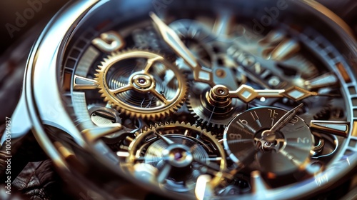 A close-up image of a luxury wristwatch on a leather strap, showcasing its intricate design, polished metal finish, and precise craftsmanship, highlighting the details of its face and band.


