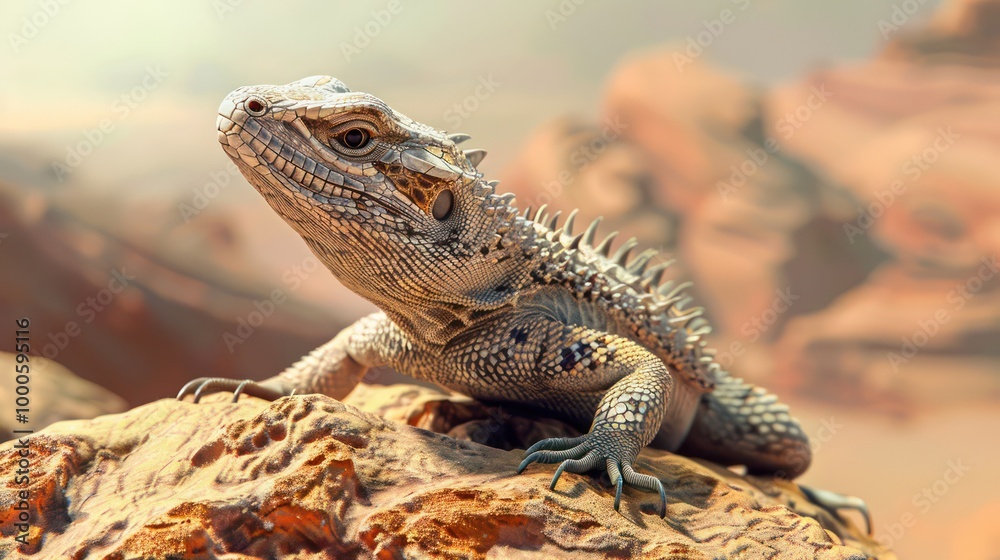Fototapeta premium A close-up photograph of a lizard perched on a rock, highlighting its sharp, detailed scales and the natural texture of its skin, set against a rustic, natural environment with clear lighting.