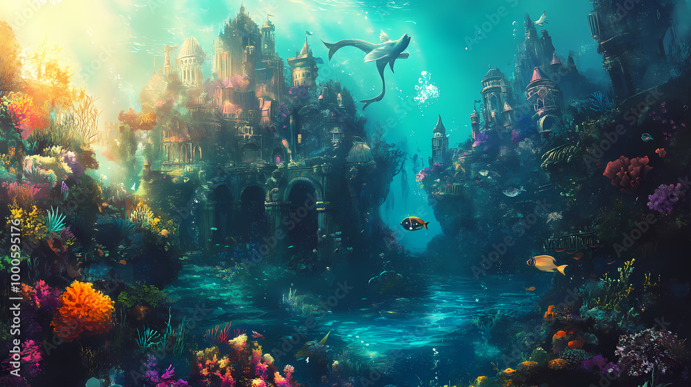 Obraz premium A fantastical underwater kingdom, with merfolk swimming among coral reefs. Merfolk Kingdom. Illustration
