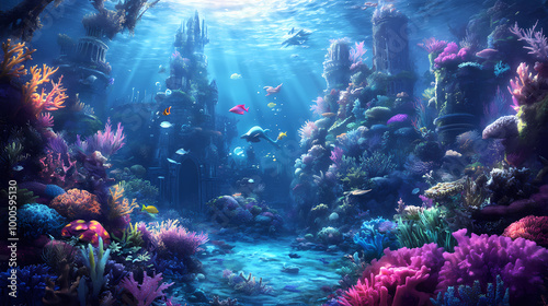 A fantastical underwater kingdom, with merfolk swimming among coral reefs. Merfolk Kingdom. Illustration photo