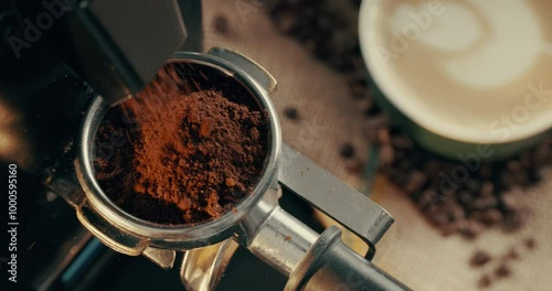 Machine, ground and coffee with grinder at cafe for beans, strong caffeine or dark roast above. Closeup of filter holder for brew, powder or preparing drink for mocha, espresso or breakfast beverage