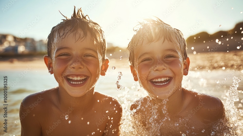 Two boys smiling and playing in the beach water during the day Two boys smiling and playing in the beach water during the day