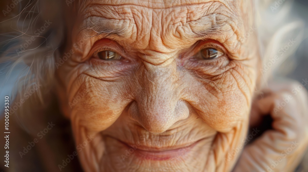 A close-up of an elderly woman's face showing joy, with warm, expressive wrinkles. Her smiling eyes reflect a lifetime of experiences, radiating happiness and contentment in a tender moment.
A close-up of an elderly woman's face showing joy, with warm, expressive wrinkles. Her smiling eyes reflect a lifetime of experiences, radiating happiness and contentment in a tender moment.