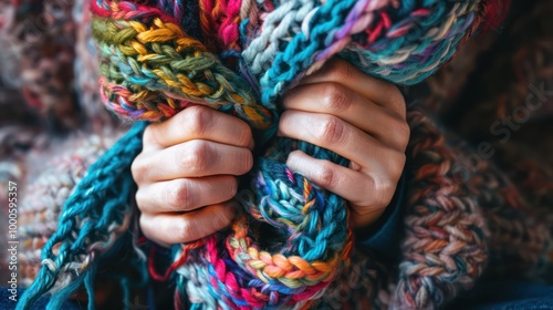 A close-up of hands knitting a colorful scarf, highlighting intricate craftsmanship and the art of knitting. The vibrant colors of the yarn add depth and texture to the hand-made garment.

