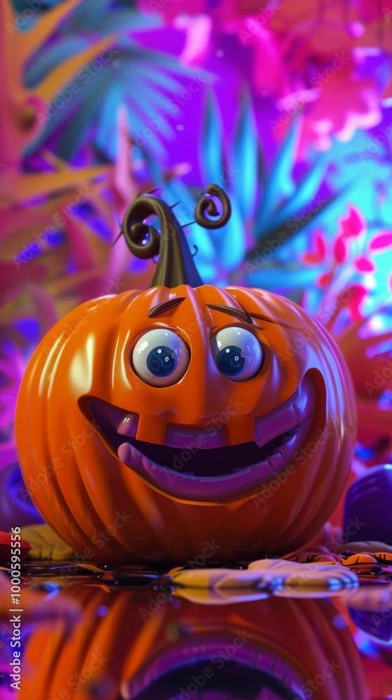 Fototapeta premium A playful 3D-rendered pumpkin with a joyful face, surrounded by vibrant colors and magical scenery. This whimsical pumpkin design perfectly captures the festive and fun Halloween atmosphere.