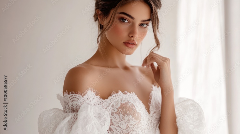 Woman wearing a white wedding gown with detailed lace pattern Woman wearing a white wedding gown with detailed lace pattern