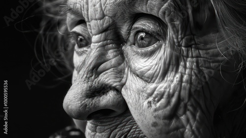 A close-up portrait of an elderly woman showcasing the beauty of age with wrinkles, capturing the wisdom and life experiences etched in her face, perfect for portrait photography and aging themes.

