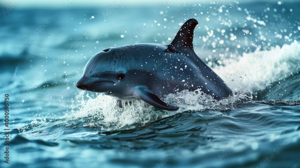 Fototapeta premium Dolphin Leaping from Crashing Blue Ocean Wave