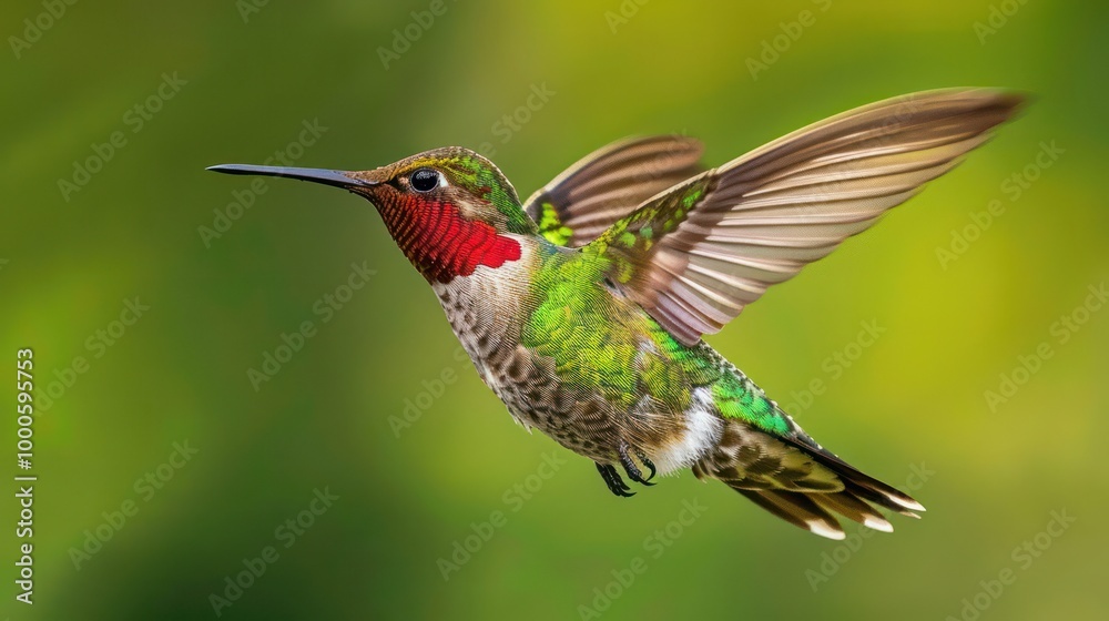 Fototapeta premium A detailed photo of a hummingbird in flight, showcasing its vibrant feathers and rapid wing movement as it hovers over flowers, capturing the beauty and grace of this tiny, energetic bird in nature.