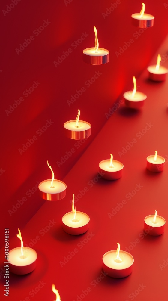 A captivating arrangement of small tea candles floating above a red surface. Their soft flames create a warm, cozy glow, adding to the serene, minimalist composition of light and color. A captivating arrangement of small tea candles floating above a red surface. Their soft flames create a warm, cozy glow, adding to the serene, minimalist composition of light and color.