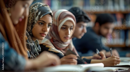 A diverse group of students collaborating and studying together in a modern learning environment, focused on academic success with books, laptops, and teamwork.

