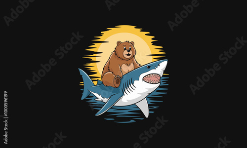 Bear riding a shark with sunset background