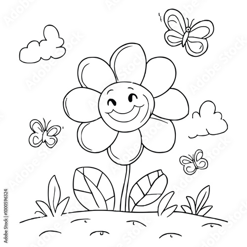 A simple flower with butterflies coloring page cartoon flowers coloring page  Editable Vector