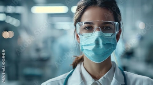 High-resolution image of a medical professional in a lab coat and stethoscope, standing confidently in a modern healthcare setting, perfect for medical marketing, healthcare branding, and professional