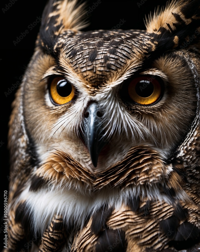 professional photo of sleepy horned owl ear up close up front view in a dark room black background professional photo of sleepy horned owl ear up close up front view in a dark room black background