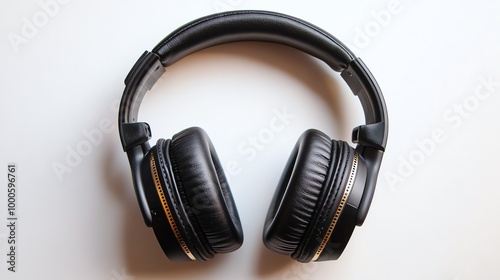 A pair of black headphones with gold accents lay flat on a white background.