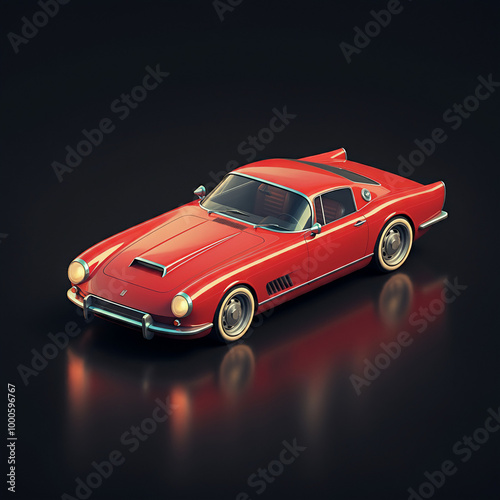 Classic red color car concept art, rendered in a digital suprematism style, infused with pop art elements, hyper-detailed, airbrushed, and presented in isometric 3D.