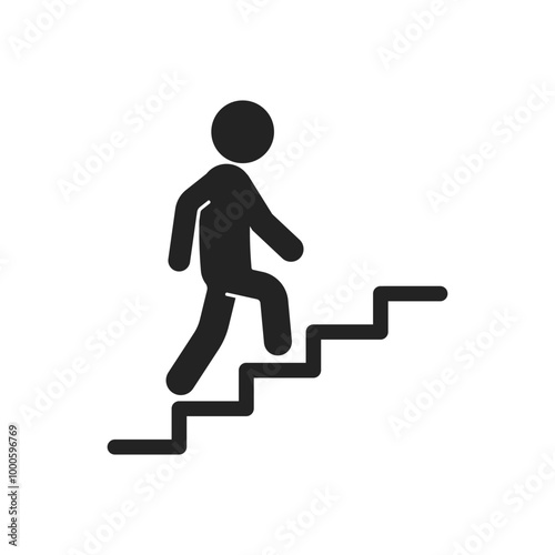 Isolated pictogram icon up stairs, stickman climbing up stair, for indoor building label sign