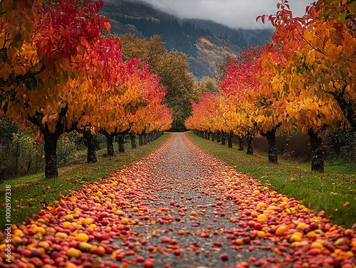 A path lined with vibrant autumn trees leads towards a misty mountain range, with fallen leaves and apples scattered on the ground. photo