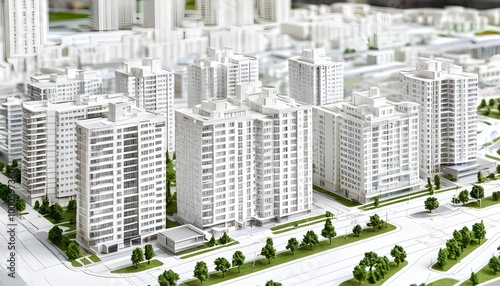 Elegant scale model of a modern city featuring an array of white buildings in a contemporary residential complex