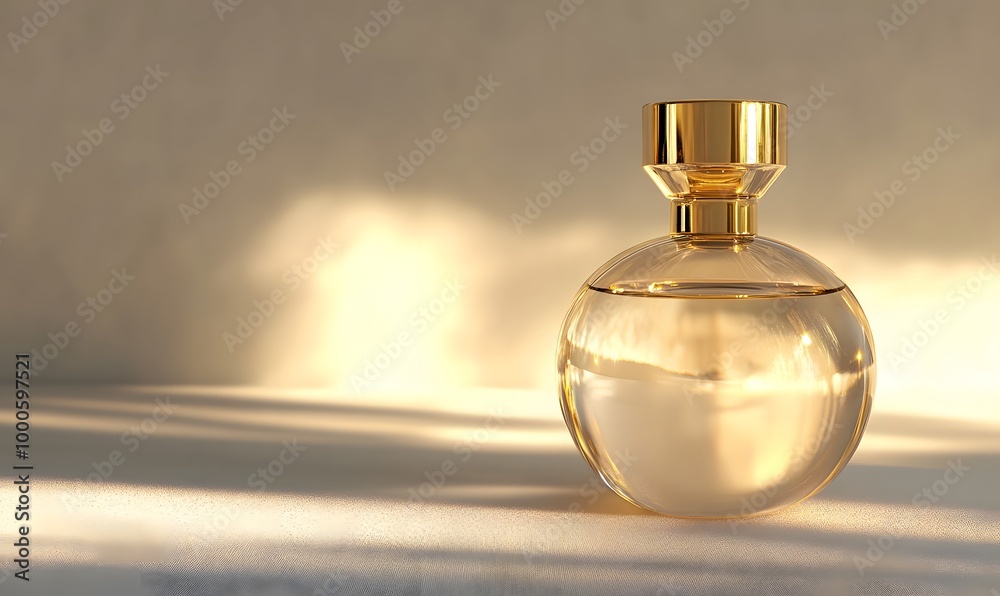 Elegant glass perfume bottle with a golden cap reflecting soft light , Generative AI Elegant glass perfume bottle with a golden cap reflecting soft light , Generative AI