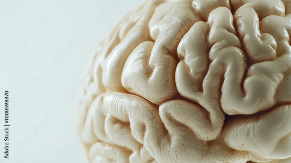 Close-up of a human brain model displaying visible age-related changes, including wrinkles and discoloration, on a white background with ample copy space. Focus on the natural aging Close-up of a human brain model displaying visible age-related changes, including wrinkles and discoloration, on a white background with ample copy space. Focus on the natural aging
