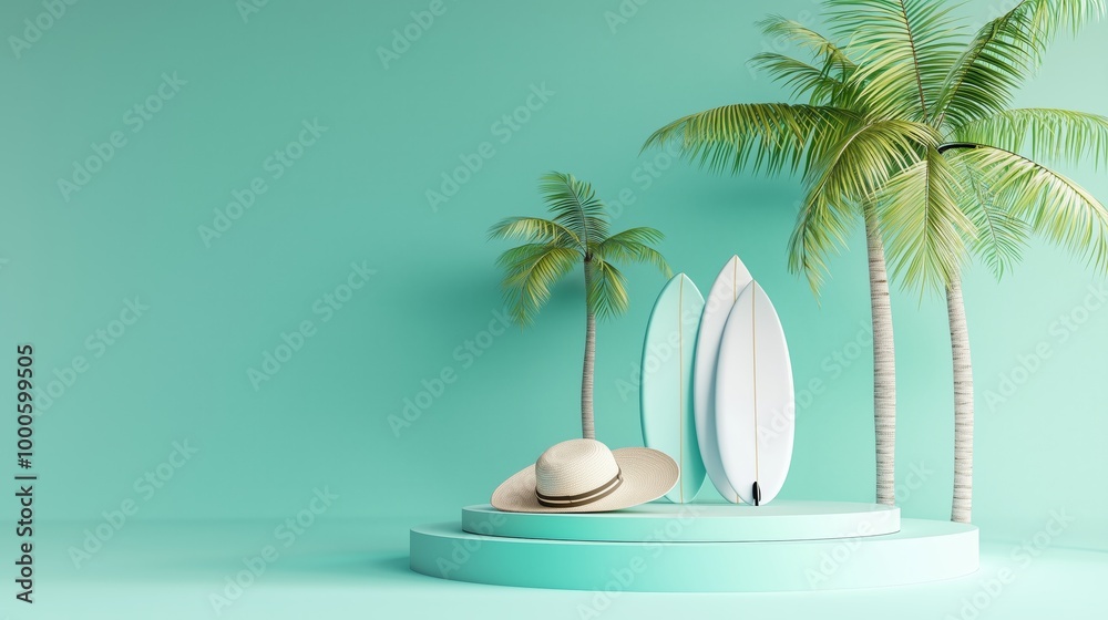 Obraz premium Empty Podium with Coconut and Surfboard Display