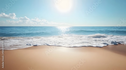 Fototapeta Naklejka Na Ścianę i Meble -  5. A bright summer beach scene with playful waves and a clear horizon, featuring a wide area of soft sand perfect for adding text or showcasing products in a summer-themed context