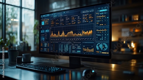 A computer monitor displaying a dashboard with various data visualizations, including charts, graphs, and a world map. The monitor is on a desk in an office setting.