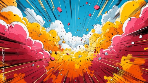 A vibrant comic book explosion with colorful clouds and dynamic lines.
