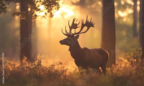 silhouette of a red deer stag in a beautiful forrest clearing , Generative AI