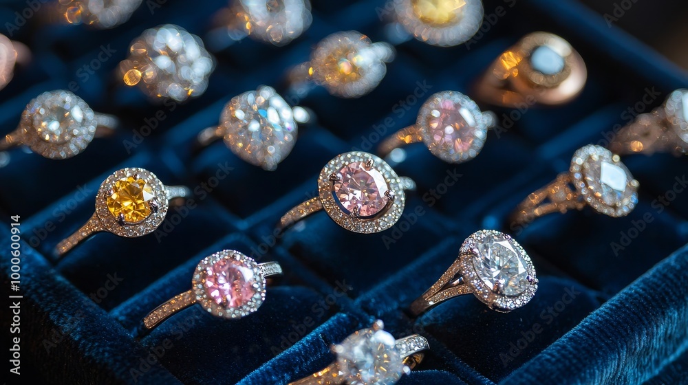 Collection of luxurious rings in various designs, showcasing unique details and sparkle in a velvet box.