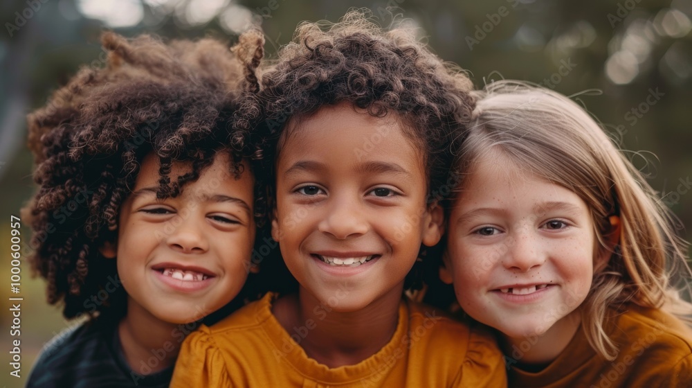 A close-up of three kids with varied hair types A close-up of three kids with varied hair types