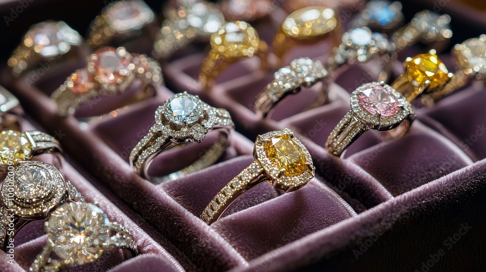Collection of luxurious rings in various designs, showcasing unique details and sparkle in a velvet box. Collection of luxurious rings in various designs, showcasing unique details and sparkle in a velvet box.