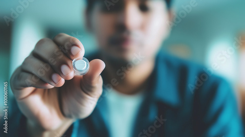 Person holding small empty pill bottle with hopeful expression, symbolizing placebo effect and emotional response to medical treatment.