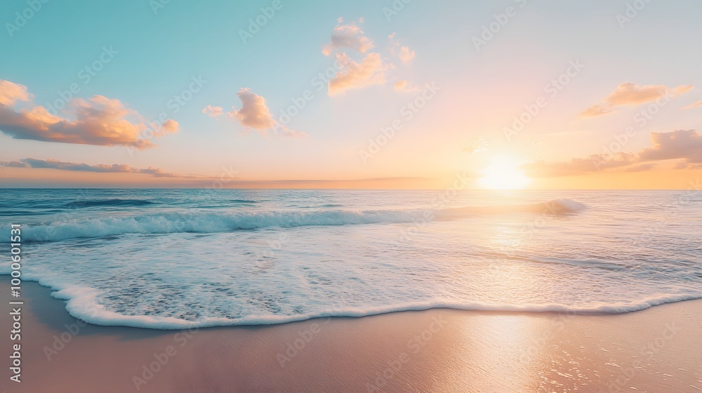 Fototapeta premium 4. A tranquil summer beach view at sunset, with warm hues reflecting on the water, offering an inviting and open area for text or product mockup in a vacation travel theme