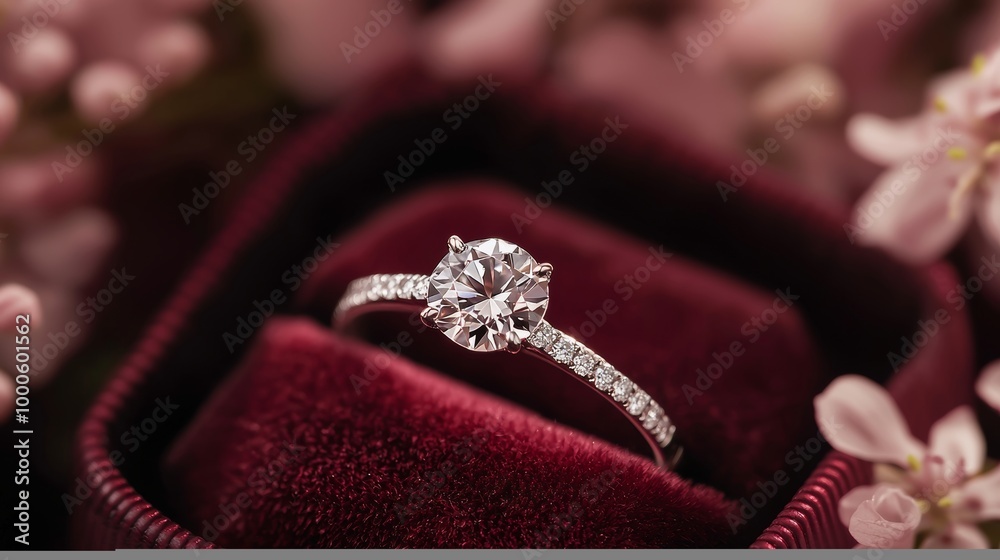 Charming diamond ring in a dark red velvet box, surrounded by soft pink flowers for a romantic scene.