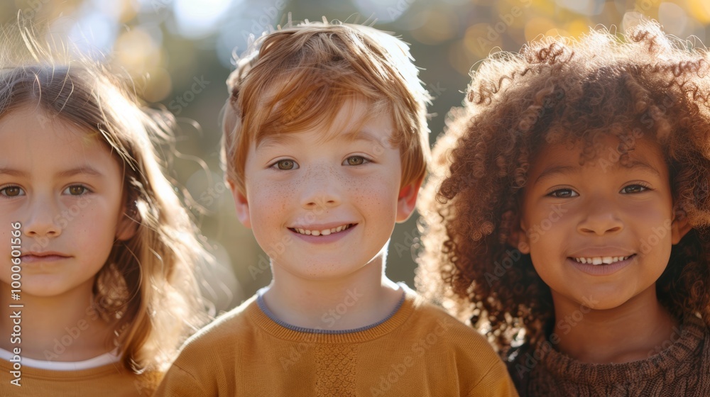 A close-up photo of three kids with different hair types, smiling brightly A close-up photo of three kids with different hair types, smiling brightly