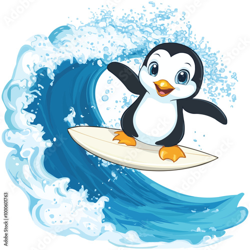 Cute cartoon penguin surfing on a surfboard in a water wave