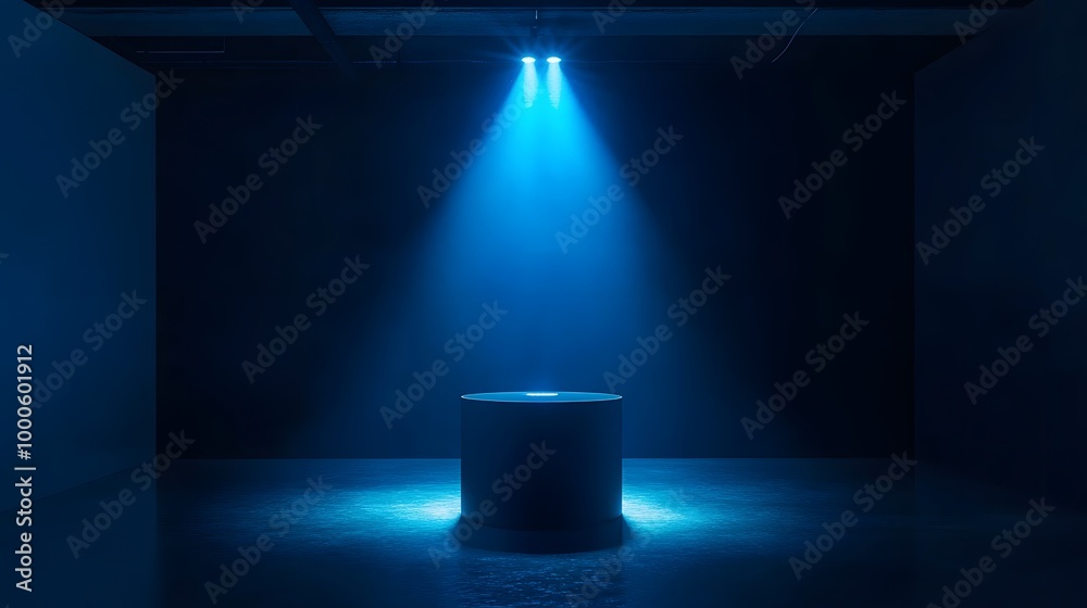 © Mr image - 2. An atmospheric scene featuring a dimly lit studio with deep shadows, where a blue neon searchlight highlights a product on a pedestal, creating a captivating focal point for a showcase © Mr image - 2. An atmospheric scene featuring a dimly lit studio with deep shadows, where a blue neon searchlight highlights a product on a pedestal, creating a captivating focal point for a showcase