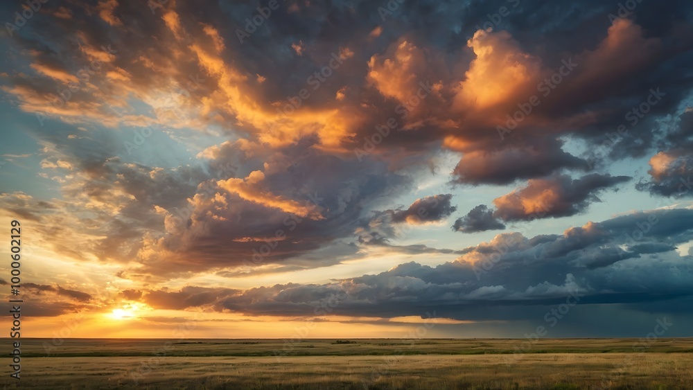 Dramatic Sunset Over a Vast Open Field With Colorful Clouds During Golden Hour in the Countryside