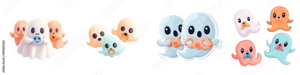 Obraz premium Cute ghost characters in various colors, playful expressions, perfect for festive themes.