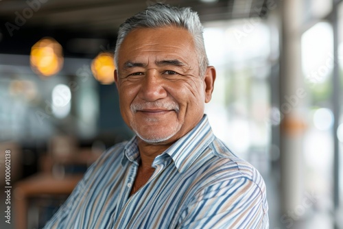 Portrait of successful senior Maori businessman consultant looking at camera and smiling inside modern office building , background blur