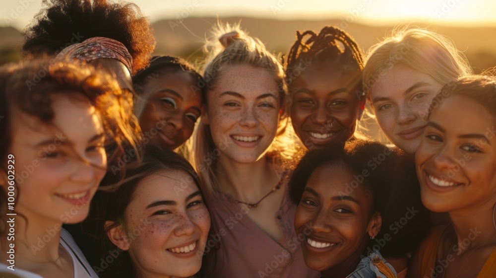 Obraz premium A diverse group of young women, all smiling and standing closely together