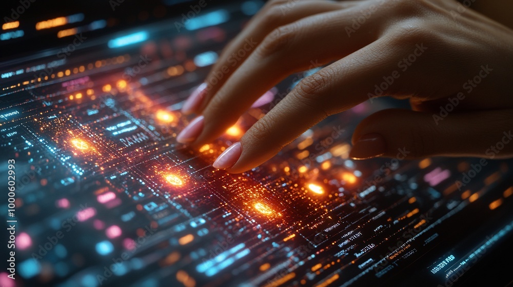 A hand hovers over a glowing circuit board, activating technology. A hand hovers over a glowing circuit board, activating technology.